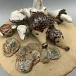 Studio Pottery Hand-Made Hedgehog Family with Mushrooms Decorative Ornament