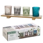 Decorative 4-Piece Glass Votive Tealight Holder Set with Rectangular Wooden Tray