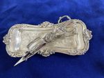 Victorian candle / wick snuffers on hallmarked silver snuffer tray