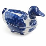 Blue & White Duck on Nest Egg Holder Covered Dish Made in Thailand Porcelain 