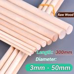 Round Wooden Wood Craft Sticks Dowl Stems for Kids 300mm Long 3mm-50mm Diameter