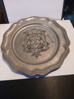 Vintage Spanish Pewter Coat of Arms Hanging Wall Plate featuring dragons