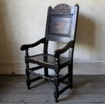 Antique 17th century oak wainscot chair, Lancashire area, carved oak, folk art