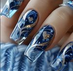 24x False Nails, Blue Gold Hearts Nails, Press on Nails with File and Pads