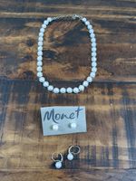 Monet Necklace &2pr  Earrings Set, Faux Pearl & Silver Tone