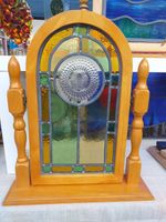 Stained Glass Leaded Panel arched roundel on wooden stand