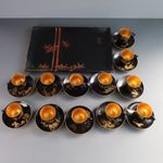 Japanese Meiji Period Lacquered Wood Cup & Saucer Set with Tray