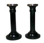 Lot of 2 Vintage Wooden Ebony Candlesticks with Silver Rim