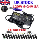 120W Adjustable Voltage Power Supply Adapter Transformer with 15 Plugs 9V-24V 5A