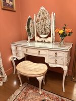 French Antique Style Dressing Table & Mirror with Fitted Stool