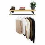 Clothes Rail Rack With Solid Wooden Shelf Industrial Metal Raw Steel & Brass