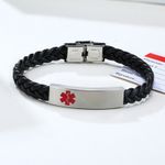 Women Laser Engraved Medical Alert ID Men Bracelet Black PU Leather Wristband