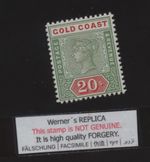 FORGERY - Werner's REPLICA of Gold Coast 1889 20s. green and red