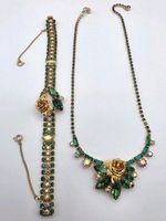 Vintage Unsigned Weiss Gold Rose W/Green & AB Crystal Necklace & Bracelet