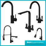 Black Kitchen Sink Tap Mono Bloc Double Lever High Swan Swivel Neck Mixer Taps