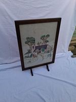 Vintage Dark Oak Cross Stitch Fire Screen 1940s, 1950s