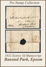 #B999 Pre Stamp - 1832 SCARCE 5d Manuscript  from EPSOM , Bansted Park