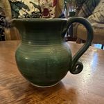 Green & Cream Ceramic Pitcher Jug Glossy Solid Round Decorative Impressed Mark