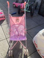 Pink & Grey Folding Doll Pushchair with Lamb Print and Mesh Storage Basket