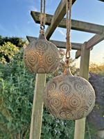 Set of 2 Hanging Garden Bells - Large Outdoor Indoor - Gold Verdigris Moroccan