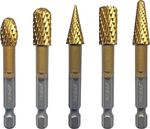 Rotary Burr Rasp File Set 5pc 1/4 Hex Shank Metal Wood Carving Deburring Shaping
