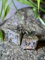 VINTAGE JEAN DOUSSET JD 925 STERLING SILVER PRINCESS CUT HALO CZ STUD EARRINGS