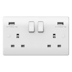 Double Wall Plug Socket 2 Gang 13A with 2 USB Charger Port Outlets White Plate 
