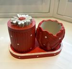 Red/White Wooden Polka Dot Bathroom Accessory Set Tray Lidded Container Cup