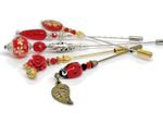 5 x handmade HAT PINS HIJAB PINS LAPEL PINS Red Tensha Beads + Red Ladybird