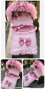 ROMANY PRAM PUSHCHAIR - FRILLY BLING PINK COSYTOES FOOT MUFF + HOOD FRILL