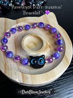 Dark Bloom Jewellery Handmade Amethyst Beaded Bracelet with Cat Charm Purple