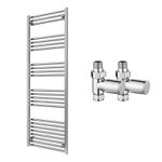 Reina Capo Flat Chrome Bathroom Heated Towel Rail 1600 x 600 and Manual Valves