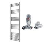 Reina Capo Flat Chrome Bathroom Heated Towel Rail 1600 x 500 and DF TRV Valves