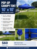 Pop-Up Canopy Tent 10x10 ft Blue Square Push-Button Setup Steel Frame