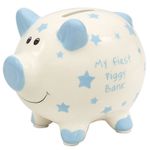 My First Piggy Bank Ceramic Money Box White with Blue Stars Gift Boxed