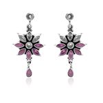 Natural Ruby , Zircon Flower Earring Stud 925 Sterling Silver , Wedding Earring