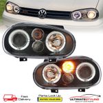 Golf Mk4 Headlights Twin LED Halo Projector Angel Eyes Headlamps Black VW + Fogs