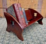 ANTIQUE 1900 ARTS & CRAFTS INLAID MAHOGANY BOOK TROUGH TULIP DECORATION H.BANKS