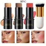 4Pcs Contour Stick Set, Highlighter, Blush & Bronzer with Highlight Brush Long-L