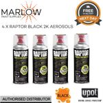 4 x U-POL RAPTOR 2K Aerosol Bed Liner - 400ML Black Tough Coating