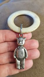 Antique Silver Teddy Bear Baby Rattle Complete With Teething Ring