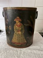 Vintage French Style Metal Toleware Hand-Painted Chinoiserie 11" Waste Basket