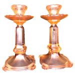 Rare Reich Art Deco Pink Frosted Glass Candlestick Set Victoria Candle Holders