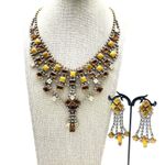 HUSAR.D Signed Czech Necklace and Earrings Set Cognac Rhinestone Bib Vintage