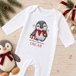 Personalised Baby Christmas Outfit Jingle Bell Penguin Sleepsuit Vest Bib Name