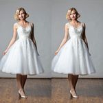 Elegant Short Wedding Dresses V Neck Sleeveless  A Line Tea Length Bridal Gown