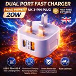 Fast Charging Dual Port Plug 20W - Type C & USB A Charger Adapter for UK Device