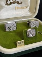 Vintage Phoenix Japanese Wabori Plum Blossom Cufflinks & Tie Clip Set w/ Origina