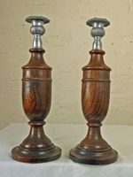 VINTAGE TURNED OAK CANDLESTICKS  WITH WHITE METAL CANDLEHOLDERS
