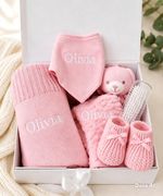 Personalised Baby Girl Gift Set Embroidered Name Pink Newborn Keepsake Box